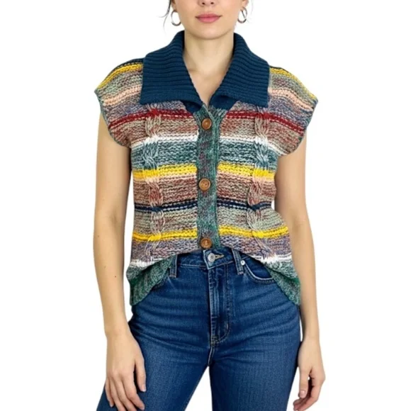 Vintage 80s Coogi style colourful striped knit short sleeve cardigan sweater L - Picture 3 of 14